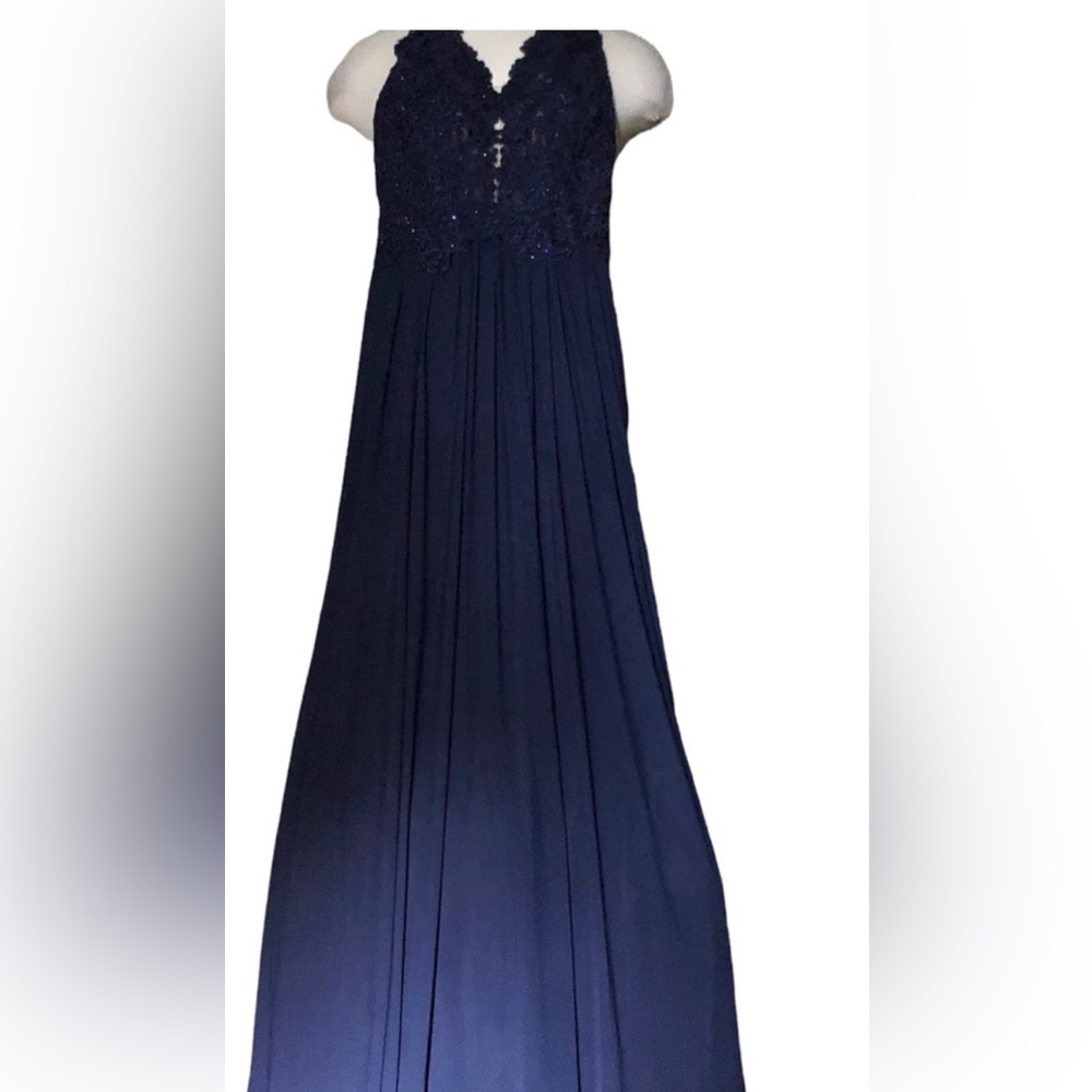 Sherri Hill Elegant Navy Blue Lace Evening Gown - Picture 8 of 8